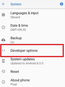 Utvecklaralternativ under Android Oreo-systeminställningar