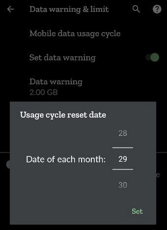 Ange användningscykel för mobildata på Google Pixel 2 XL